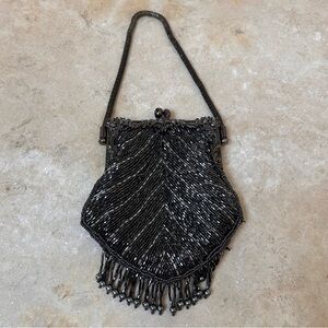 Vintage Elegant mini Black Beaded Evening Bag w/Crystal clasp closure EUC!